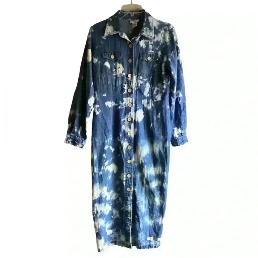 ROBBIE BEE 10 Petite Stone Washed Denim Button Down Shirt Midi Dress